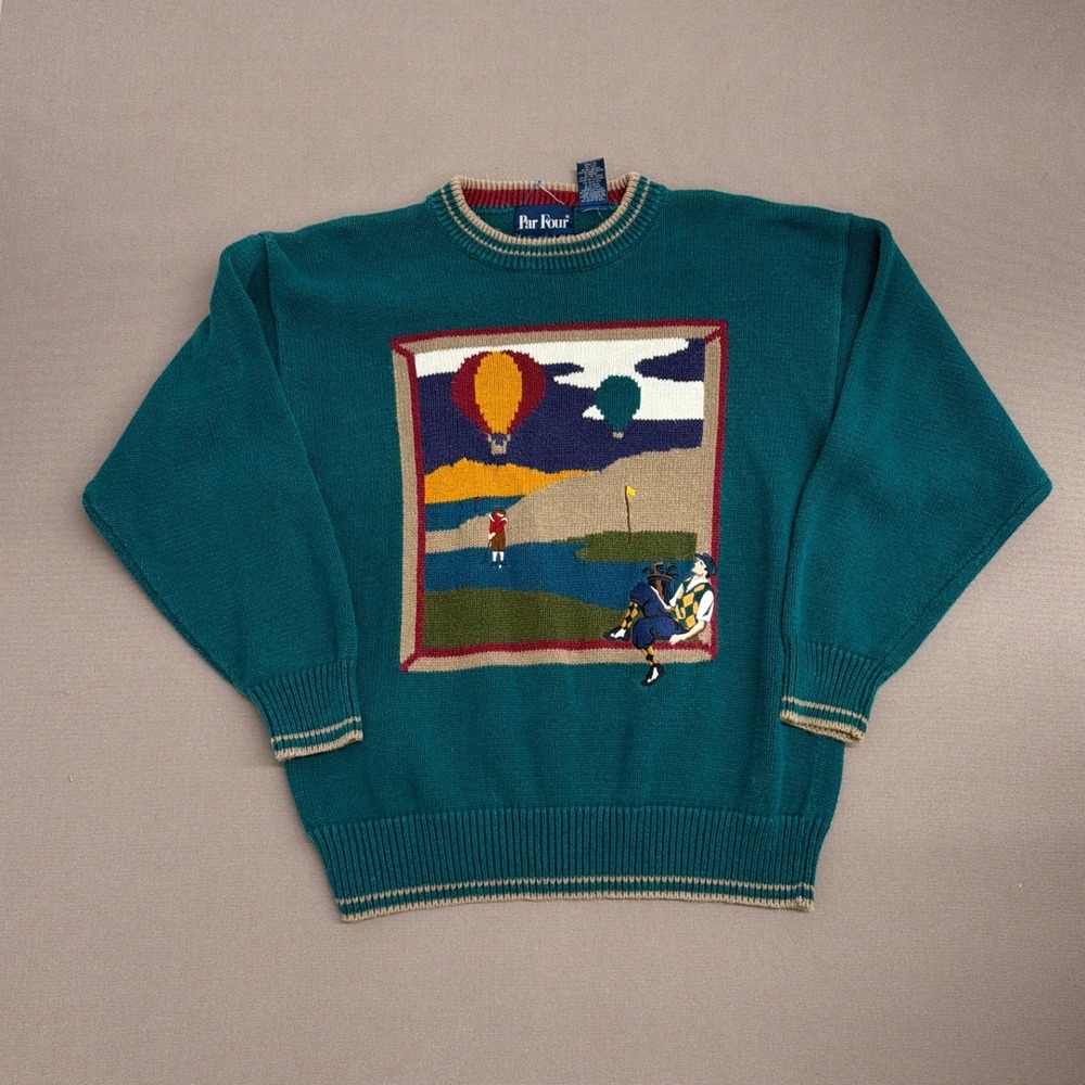 Par Four Vintage Mens Golf Hot Air Balloon Graphic Sweater Teal Green Large